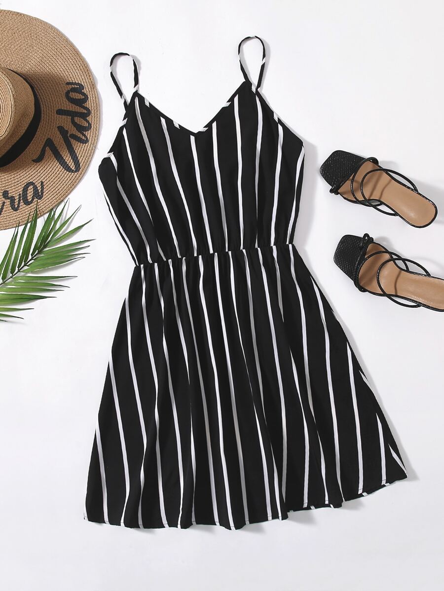 SHEIN VCAY Đầm Sọc Giải trí - màu đen - Xem 1