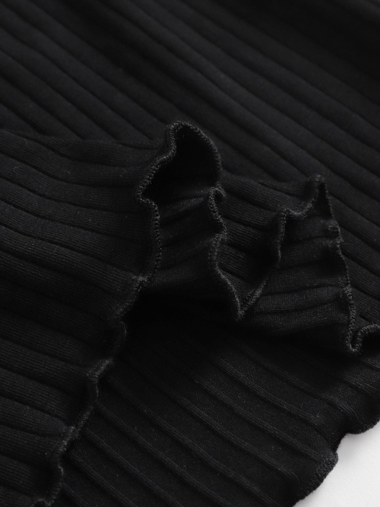 SHEIN EZwear Off Shoulder Notched Neck Lettuce Trim Rib-knit Dress - Black - View 3