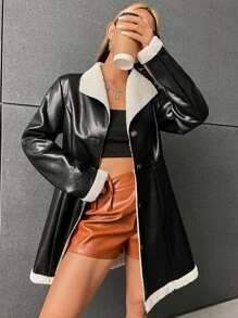 SHEIN Coolane 毛絨內襯PU皮革外套不附腰帶