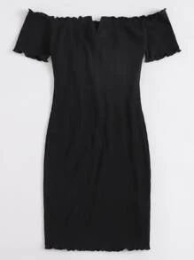 SHEIN EZwear Vestido tejido de canalé ribete en forma de lechuga de cuello V de hombros descubiertos - Negro - Ver 4