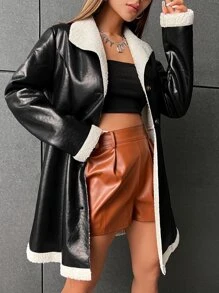 SHEIN Coolane 毛絨內襯PU皮革外套不附腰帶