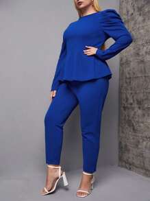 SHEIN Clasi 大碼素色泡泡袖花邊下擺上衣和褲子套裝 - 藍色 - 查看 1