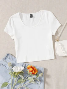 SHEIN EZwear Áo thun Gân đan màu trơn Cơ bản - trắng - Xem 1