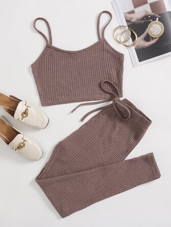 Waffle Knit Cami Top & Drawstring Leggings Set