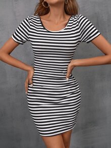 SHEIN Essnce Đầm Hội Chữ thập Cắt ra Sọc Giải trí - Đen và trắng - Xem 2