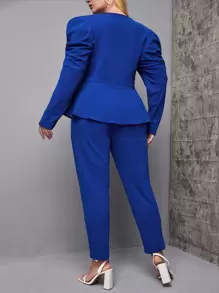 SHEIN Clasi 大碼素色泡泡袖花邊下擺上衣和褲子套裝 - 藍色 - 查看 2