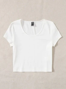 SHEIN EZwear Áo thun Gân đan màu trơn Cơ bản - trắng - Xem 3