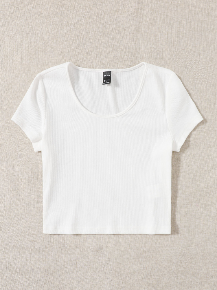 SHEIN EZwear 大圓領羅紋針織T恤 - 白色 - 查看 3