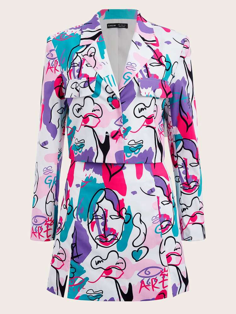 Figure Graphic Blazer & Split Hem Skirt - Multicolor - View 1