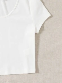 SHEIN EZwear Áo thun Gân đan màu trơn Cơ bản - trắng - Xem 4