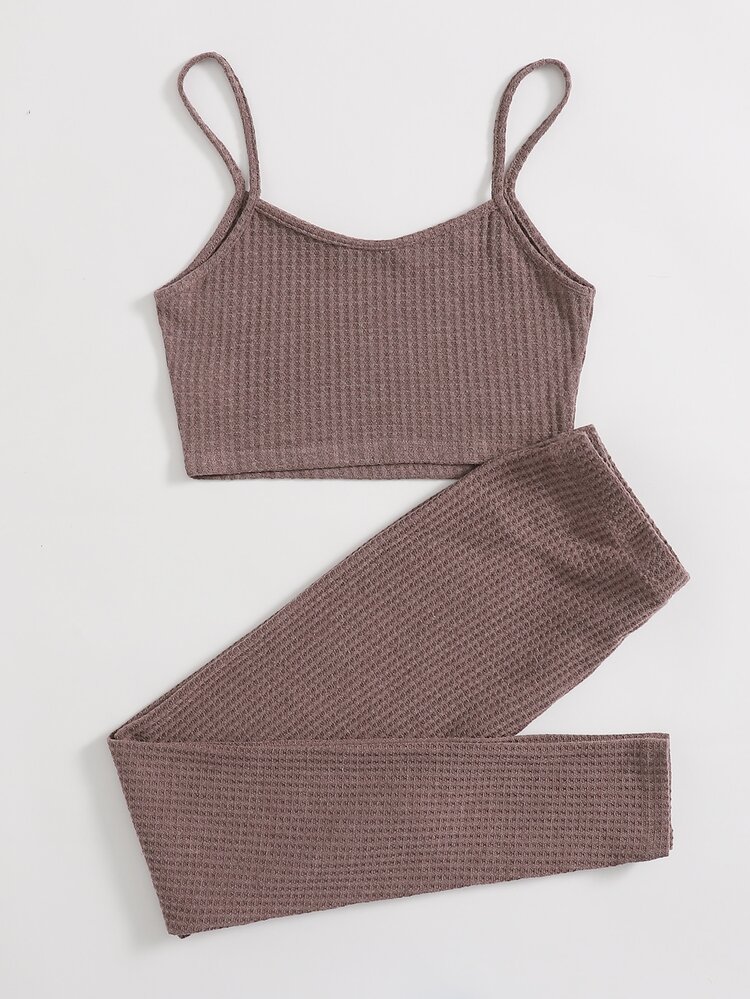Muchica Waffle Knit Cami Top & Drawstring Leggings Set - Maroon - View 2