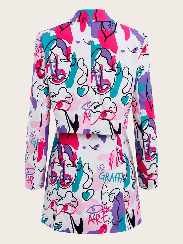 Figure Graphic Blazer & Split Hem Skirt - Multicolor - View 2