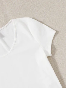 SHEIN EZwear Áo thun Gân đan màu trơn Cơ bản - trắng - Xem 5