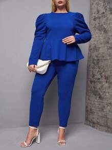 SHEIN Clasi 大碼素色泡泡袖花邊下擺上衣和褲子套裝 - 藍色 - 查看 3