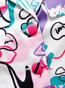 Figure Graphic Blazer & Split Hem Skirt - Multicolor - View 4