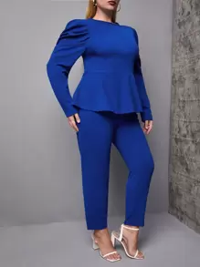 SHEIN Clasi 大碼素色泡泡袖花邊下擺上衣和褲子套裝 - 藍色 - 查看 4