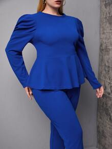 SHEIN Clasi 大碼素色泡泡袖花邊下擺上衣和褲子套裝 - 藍色 - 查看 5