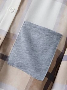 SHEIN 男孩格紋印花連帽襯衫不帶T恤