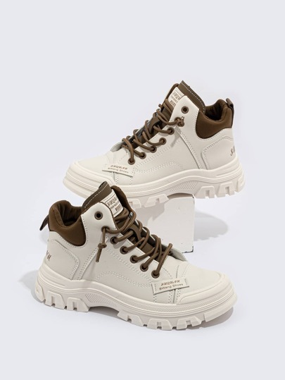 Fall/Winter Women Patch Detail High Top Pu Lace-Up Front Chunky Sneakers