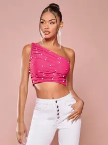 SHEIN BAE 珍珠串珠單肩褶邊短款上衣 - 玫紅色 - 查看 1