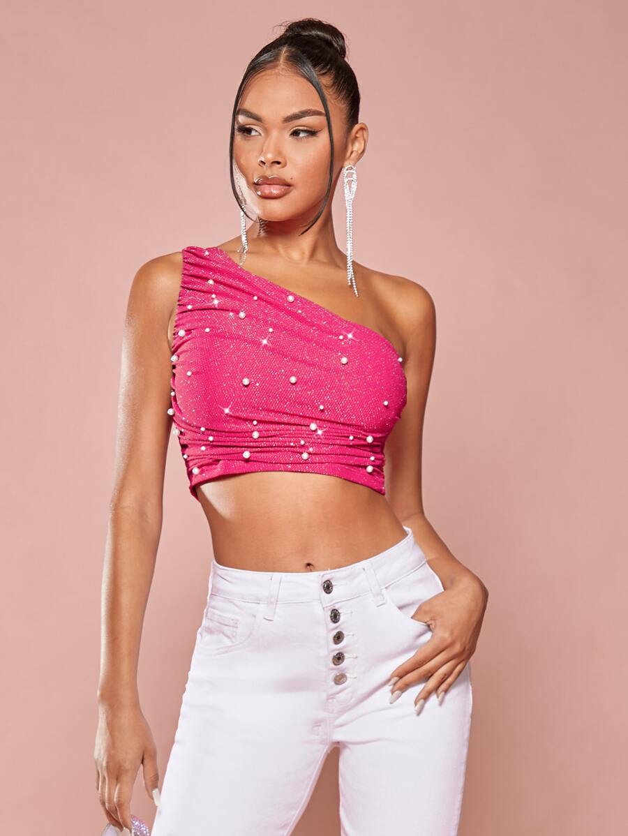 SHEIN BAE 珍珠串珠單肩褶邊短款上衣 - 玫紅色 - 查看 1