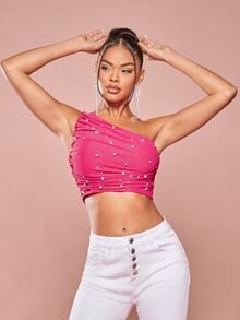 SHEIN BAE 珍珠串珠單肩褶邊短款上衣 - 玫紅色 - 查看 3