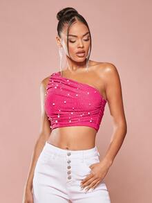 SHEIN BAE 珍珠串珠單肩褶邊短款上衣 - 玫紅色 - 查看 5