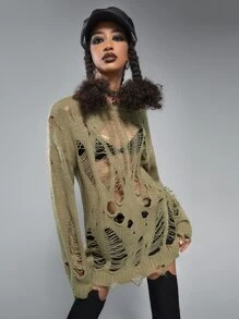 ROMWE Grunge Punk Áo len nữ Bị tách màu trơn Gợi cảm - Màu xanh Ô liu - Xem 1