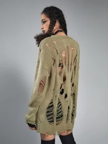 ROMWE Grunge Punk Áo len nữ Bị tách màu trơn Gợi cảm - Màu xanh Ô liu - Xem 2