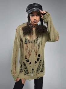 ROMWE Grunge Punk Áo len nữ Bị tách màu trơn Gợi cảm - Màu xanh Ô liu - Xem 3