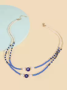 邪惡之眼和人造珍珠裝飾串珠分層項鍊 - 彩色 - 查看 1