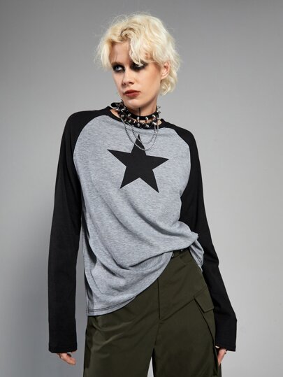 Grunge Punk Camiseta con estampado de estrella de color combinado de manga raglán