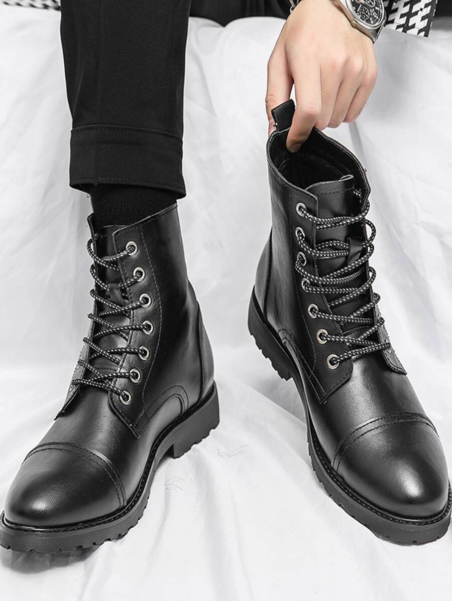 Men Lace-up Front Combat Boots - Black - View 1