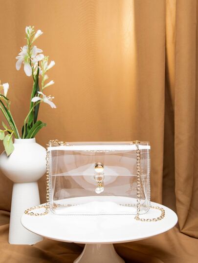 Argyle Princess Faux Pearl & Rhinestone Pearl Chain & Decor Faux Pearl Decor Transparent Flap Chain Square Bag For Party, Wedding, Prom And Dinner, Lipsticks, Women's Pearl Bag, Waterproof, Sandproof Transparent Bag, Beach Sports Picnic Snacks Clear Purse For Women