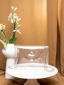 Argyle Princess Faux Pearl & Rhinestone Pearl Chain & Decor Faux Pearl Decor Transparent Flap Chain Square Bag For Party, Wedding, Prom And Dinner, Lipsticks, Women's Pearl Bag, Waterproof, Sandproof Transparent Bag, Beach Sports Picnic Snacks Clear Purse For Women - Clear - View 2