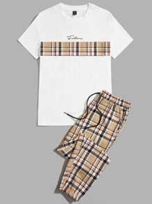 GENTILAND Men Cotton Letter Graphic Plaid Tee & Drawstring Waist Pants - Multicolor - View 1