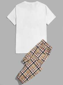 GENTILAND Men Cotton Letter Graphic Plaid Tee & Drawstring Waist Pants - Multicolor - View 2