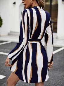 SHEIN Clasi 撞色缺口領繫腰帶連衣裙 - 彩色 - 查看 2