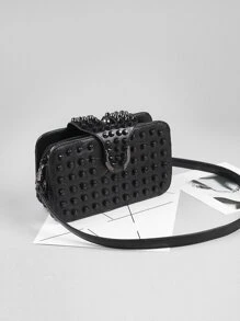 Bolsa cuadrada con diseño de tachuela con cerradura - Negro - Ver 1