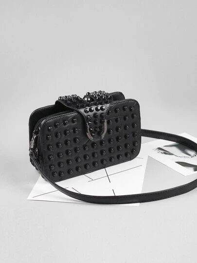 Studded Decor Kiss Lock Square Bag
