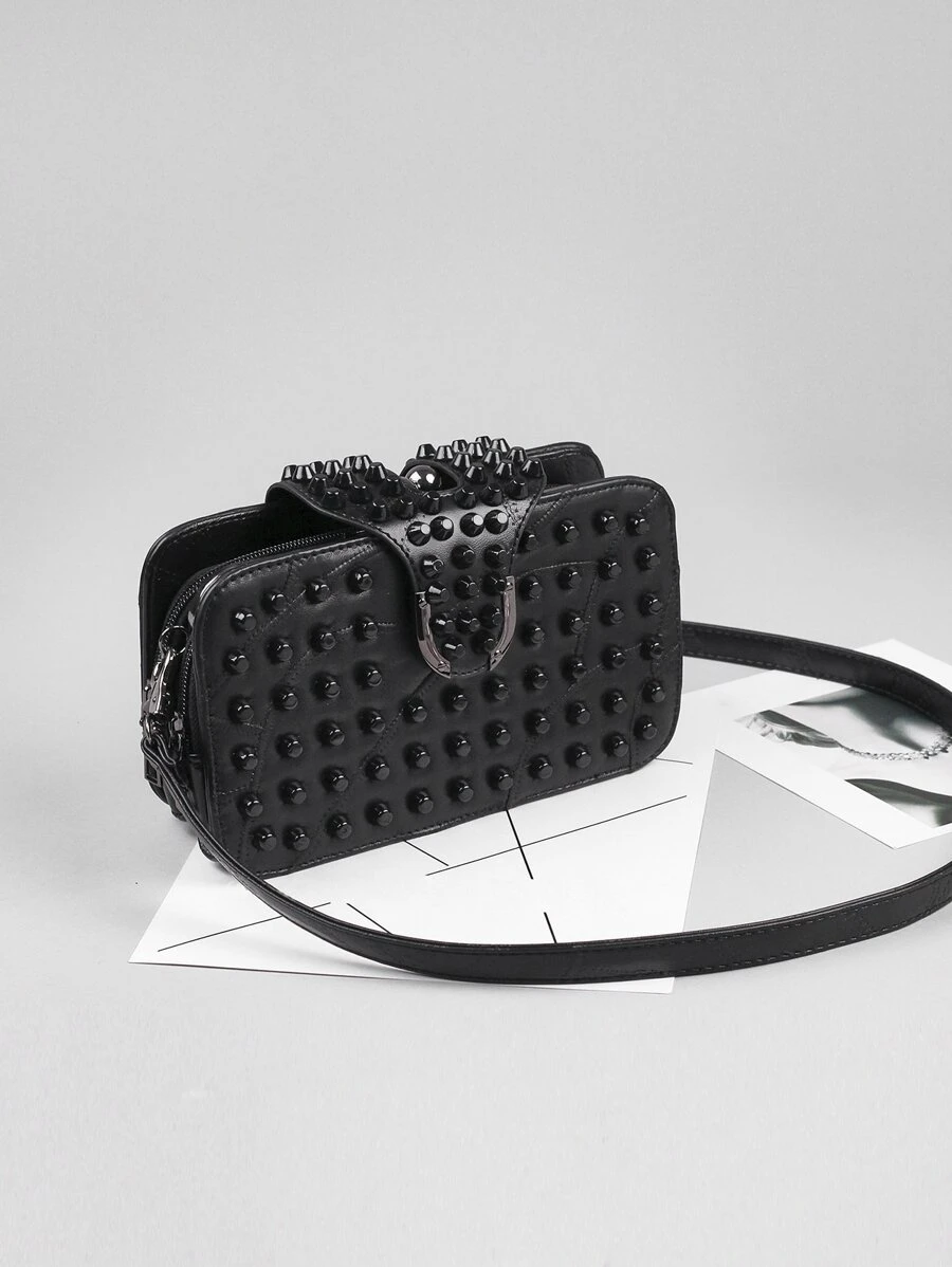Bolsa cuadrada con diseño de tachuela con cerradura - Negro - Ver 1