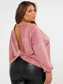 SHEIN SXY Plus Rhinestone Detail Cut Out Twist Back Drop Shoulder Sweatshirt - Dusty Pink - View 6