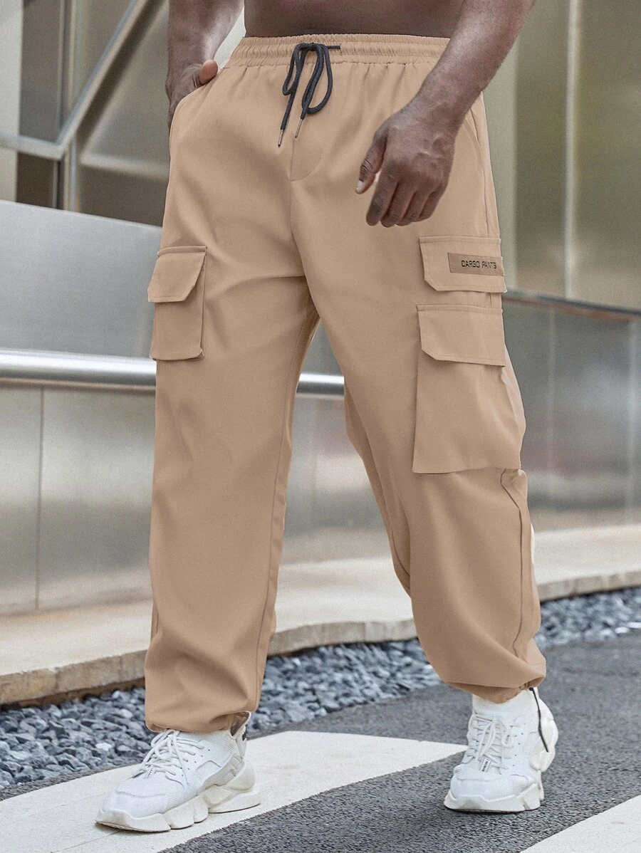 Manfinity Men Letter Graphic Flap Pocket Drawstring Waist Cargo Trousers - Khaki - View 1