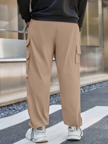 Manfinity Men Letter Graphic Flap Pocket Drawstring Waist Cargo Trousers - Khaki - View 2