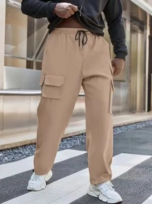 Manfinity Men Letter Graphic Flap Pocket Drawstring Waist Cargo Trousers - Khaki - View 3