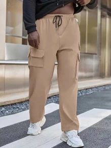 Manfinity Men Letter Graphic Flap Pocket Drawstring Waist Cargo Trousers - Khaki - View 4