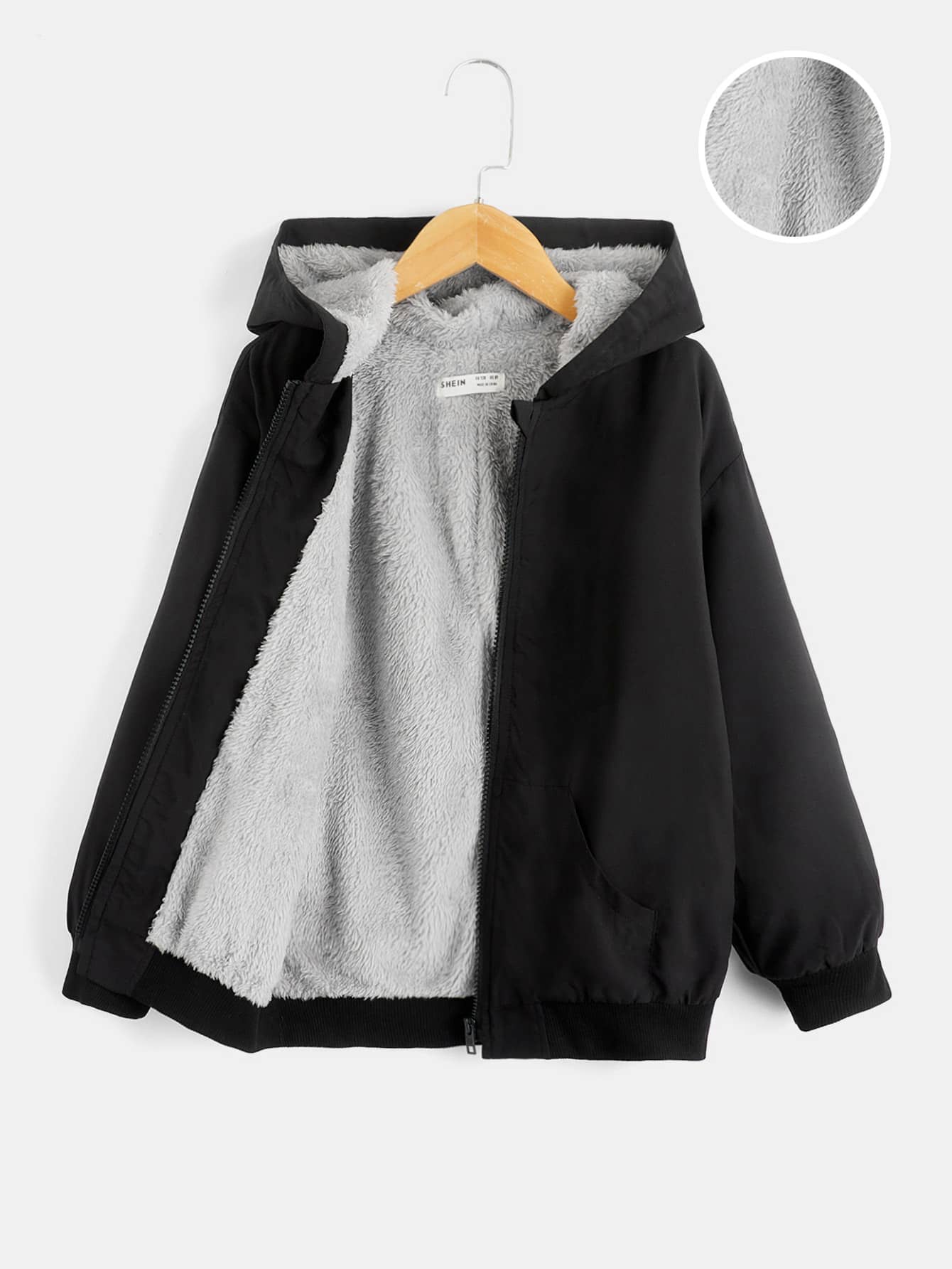 SHEIN 男孩落肩袖毛絨內襯拉鍊連帽夾克 - 黑色 - 查看 1