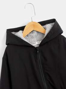 SHEIN 男孩落肩袖毛絨內襯拉鍊連帽夾克 - 黑色 - 查看 4