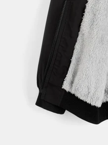 SHEIN 男孩落肩袖毛絨內襯拉鍊連帽夾克 - 黑色 - 查看 5