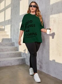 Mulvari Plus Slogan Graphic Drop Shoulder Tee & Leggings - Dark Green - View 1